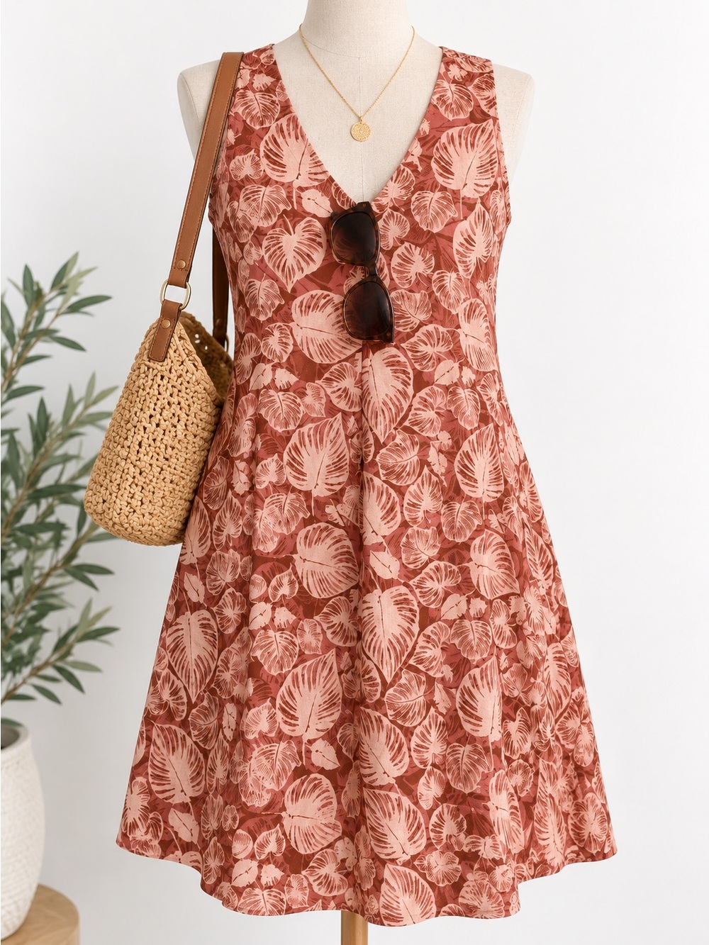 Tahari‎ Pink Tropical Leaf Print Sleeveless Shift Dress Small